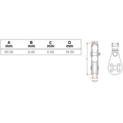 Blokrulle 60mm, med Pind & Beslag - Rustfri Stl