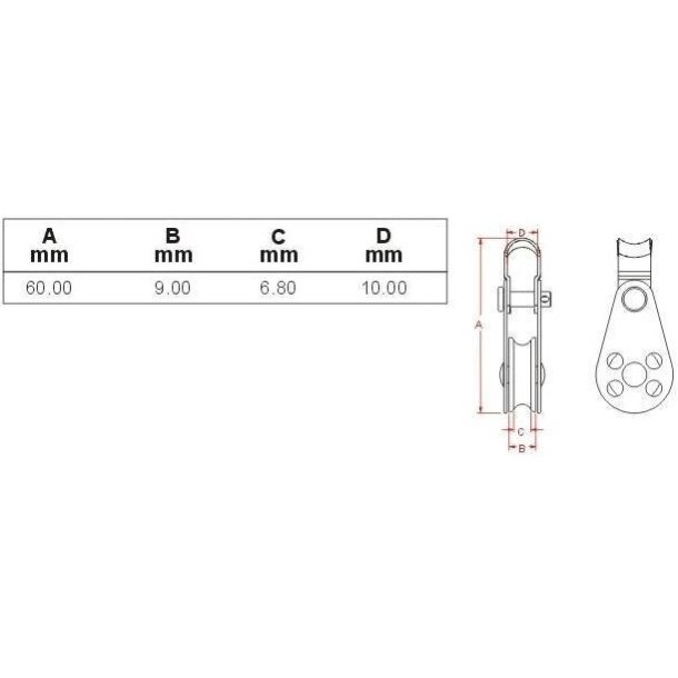 Blokrulle 60mm, med Pind & Beslag - Rustfri Stl