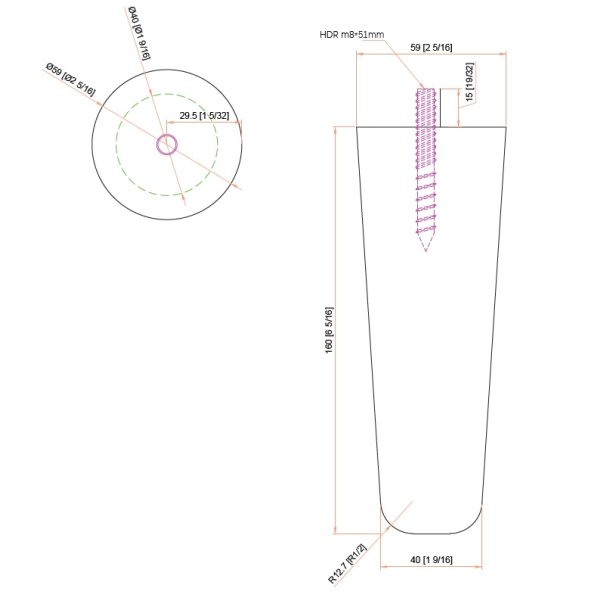 Sofaben "Frida" - Lakeret Eg -  59x160mm, M8 Gevind