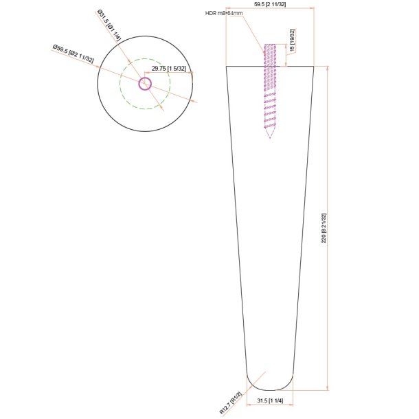 Sofaben "Frida" - Lakeret Eg -  59x220mm, M8 Gevind