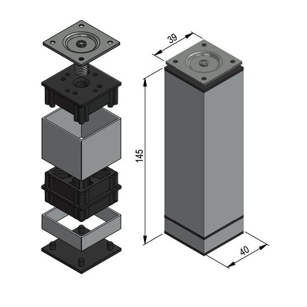 Mbelben "Niko" 40x40mm - Hjde 150mm - Alu Finish