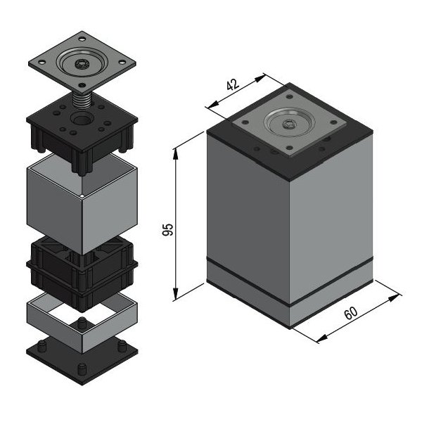 Mbelben "Niko" 60x60mm - Hjde 100mm - Alu Finish