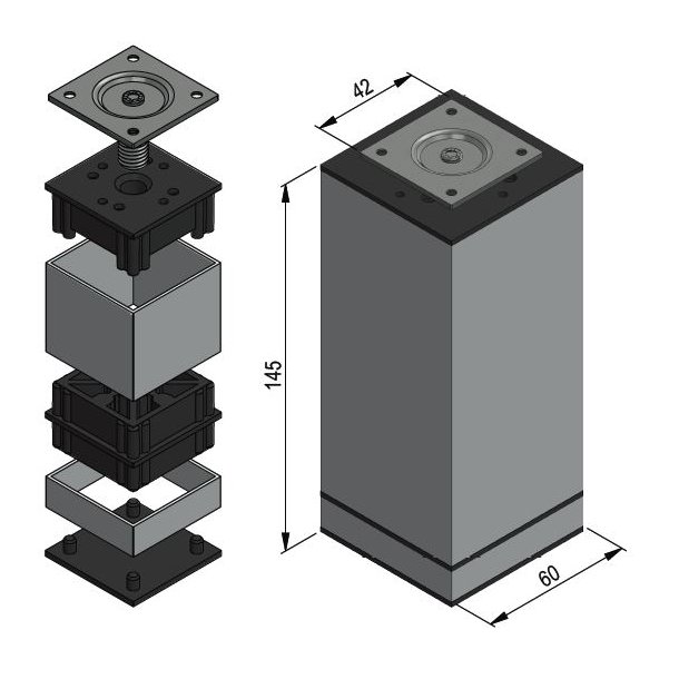 Mbelben "Niko" 60x60mm - Hjde 150mm - Alu Finish