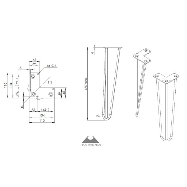 Bordben "Hairpin" 430mm, 3 x �10mm St�nger - Sort