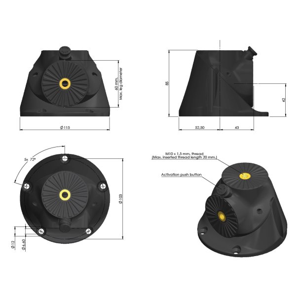Multifunktionelt Foldbart Bordbenbeslag - M10 Gevind - Sort