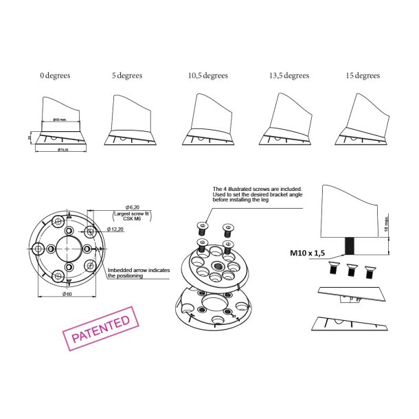 Benbeslag �60mm (M10) - "Twist�n Turn" - 5 Positioner - Sort