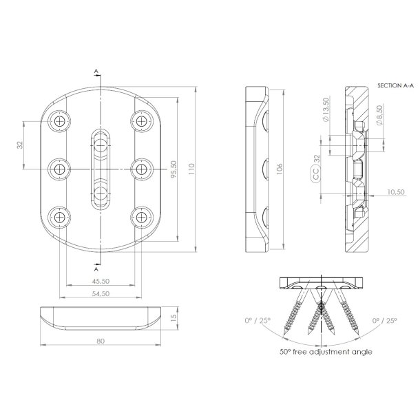 Benbeslag - Vinkeljusterbart - 80x110x15mm - Sort
