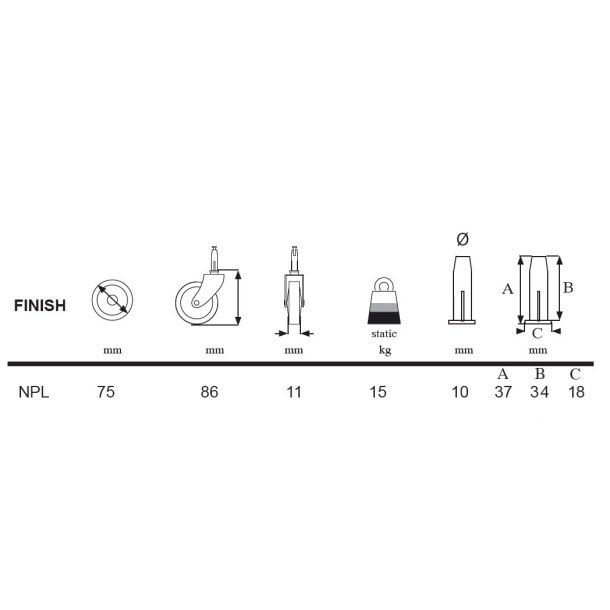 Bakkebord Hjul "Titus" 75mm - Forniklet
