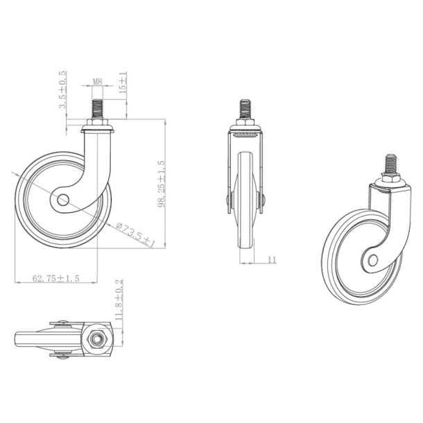 Bakkebord Hjul "Tacitus" 73,5mm - Formessinget - med Bremse