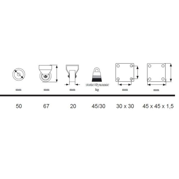 Mbelhjul "Geta" 50x67mm - med Fast Beslag