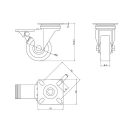 Inventarhjul "Brutus" 50mm - 50x50mm Plade - med Bremse