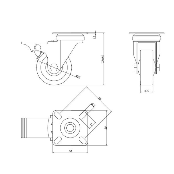 Inventarhjul "Brutus" 50mm - 50x50mm Plade - med Bremse