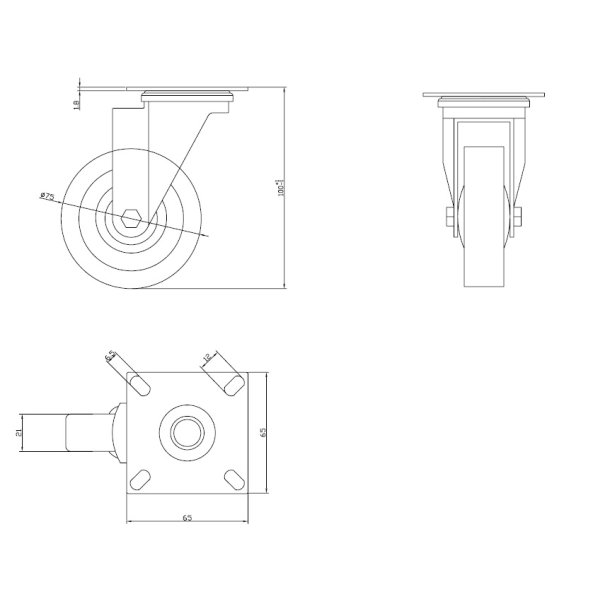 Inventarhjul "Brutus" 75mm - 65x65mm Plade