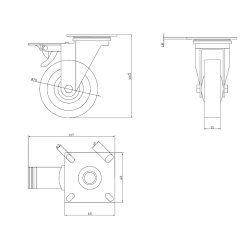 Inventarhjul "Brutus" 75mm - 65x65mm Plade - med Bremse