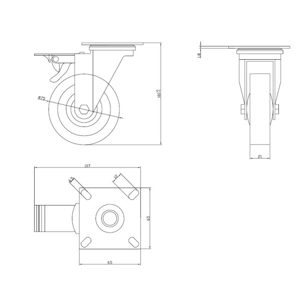 Inventarhjul "Brutus" 75mm - 65x65mm Plade - med Bremse