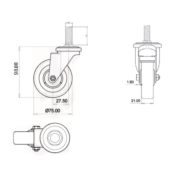 Inventarhjul "Brutus" 75mm - M8x30mm- uden Bremse