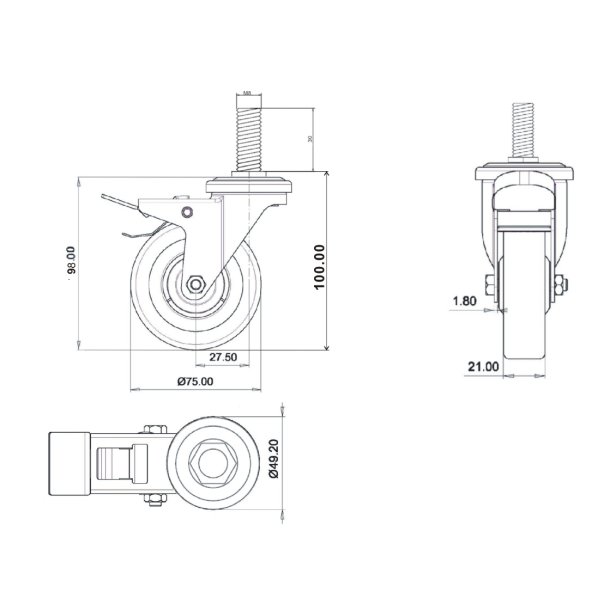 Inventarhjul "Brutus" 75mm - M8x30mm - med Bremse