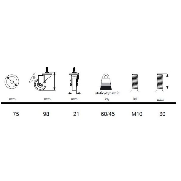 Inventarhjul "Brutus" �75mm - M10x30mm - med Bremse