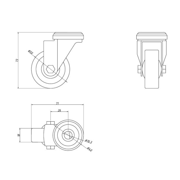 Inventarhjul "Brutus" 50mm - 10,5mm Hul - uden Bremse