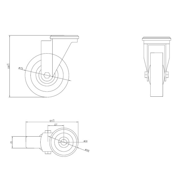 Inventarhjul "Brutus" 75mm - 10,5mm Hul - uden Bremse