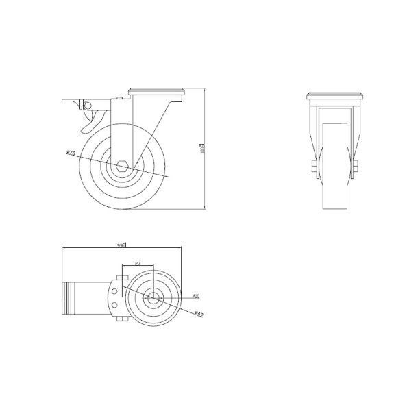 Inventarhjul "Brutus" 75mm - 10,5mm Hul - med Bremse