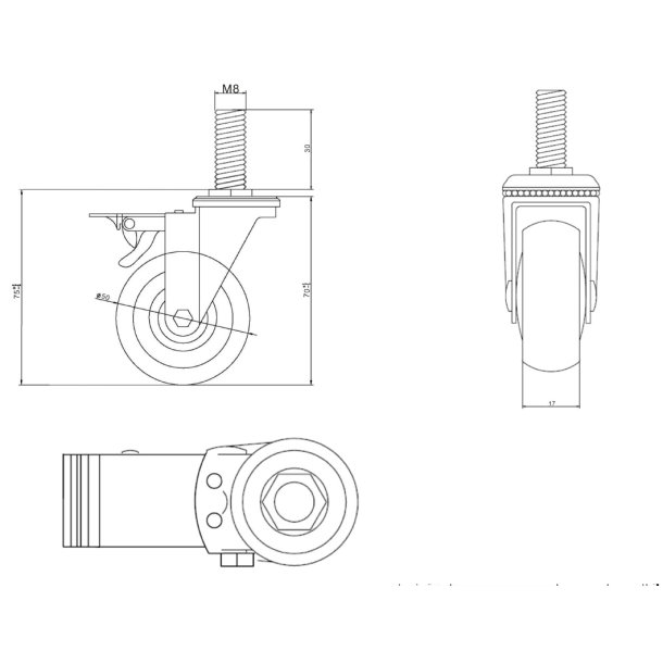 Inventarhjul "Brutus" 50mm - M8x30mm - med Bremse