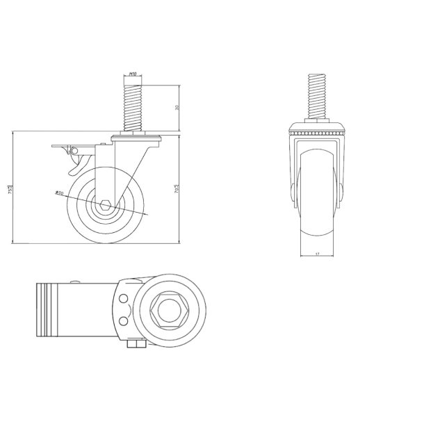 Inventarhjul "Brutus" 50mm - M10x30mm - med Bremse