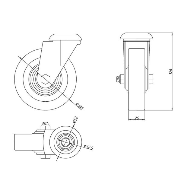 Inventarhjul "Brutus" 100mm - 12,5mm Hul - uden Bremse