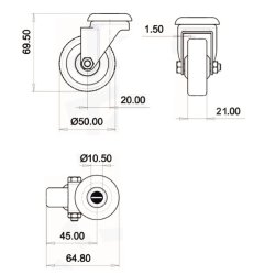 Inventarhjul "Csar" 50mm - 10,5mm Hul - uden Bremse