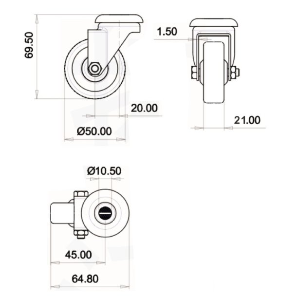 Inventarhjul "Csar" 50mm - 10,5mm Hul - uden Bremse