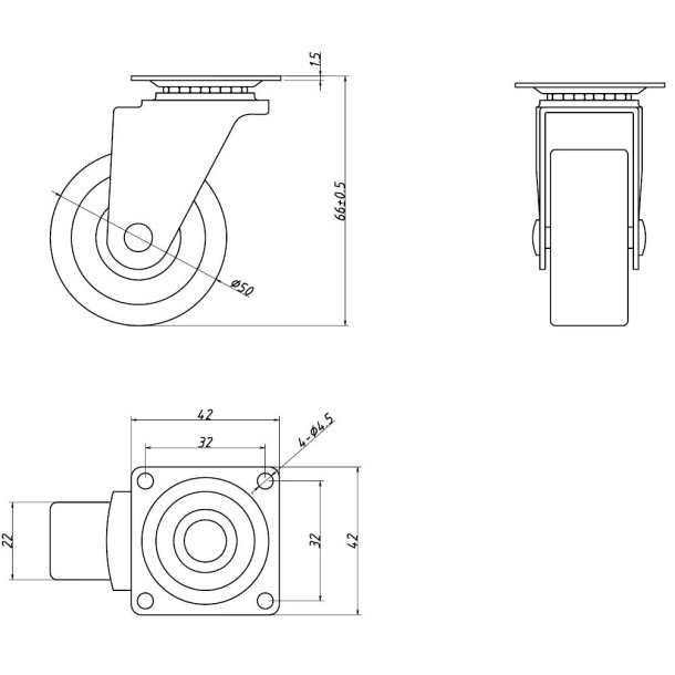 Inventarhjul "Csar" 50mm - 42x42mm Plade