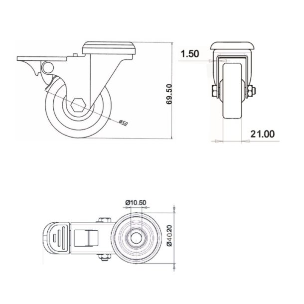 Inventarhjul "Csar" 50mm - 10,5mm Hul - med Bremse