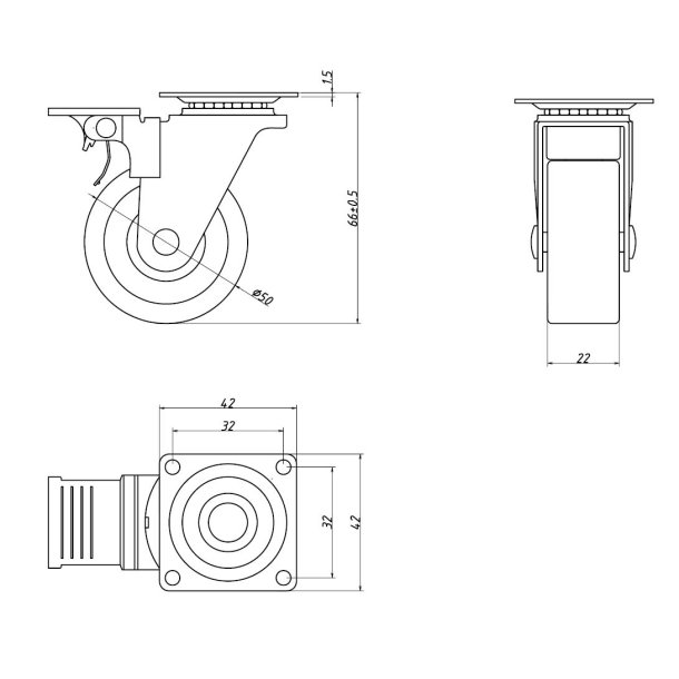 Inventarhjul "Csar" 50mm - 42x42mm Plade - med Bremse