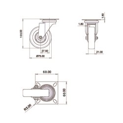 Inventarhjul "Csar" 75mm - 60x60mm Plade - uden Bremse