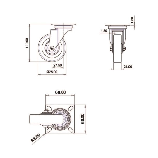 Inventarhjul "Csar" 75mm - 60x60mm Plade - uden Bremse