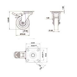 Inventarhjul "Csar" 75mm - 60x60mm Plade - med Bremse