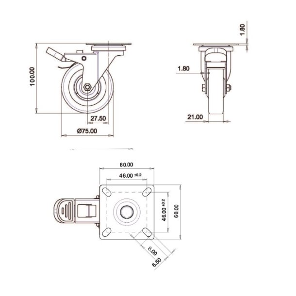 Inventarhjul "Csar" 75mm - 60x60mm Plade - med Bremse