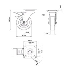 Inventarhjul "Csar" 75mm - 60x60mm Plade - Fuld Bremse