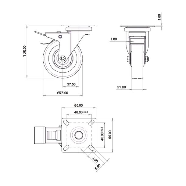 Inventarhjul "Csar" 75mm - 60x60mm Plade - Fuld Bremse