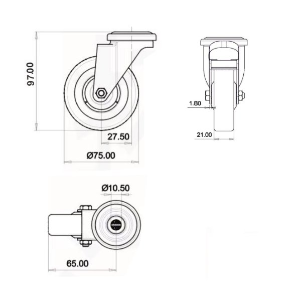 Inventarhjul "Csar" 75mm - 10,5mm Hul - uden Bremse