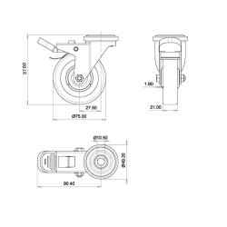 Inventarhjul "Csar" 75mm - 10,5mm Hul - med Bremse