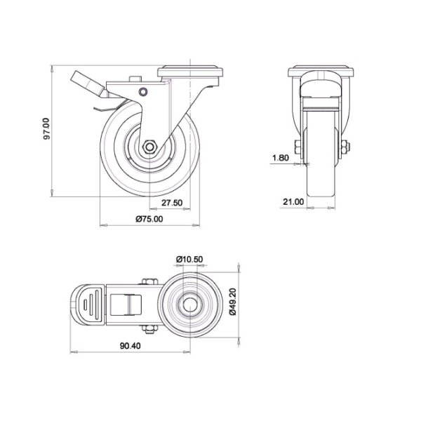 Inventarhjul "Csar" 75mm - 10,5mm Hul - med Bremse