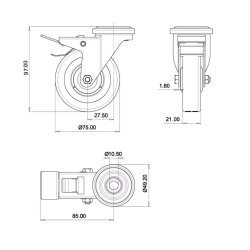 Inventarhjul "Csar" 75mm - 10,5mm Hul - Fuld Bremse