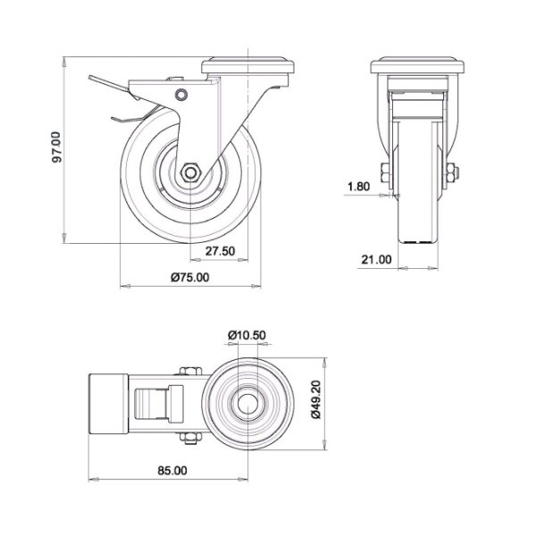 Inventarhjul "Csar" 75mm - 10,5mm Hul - Fuld Bremse
