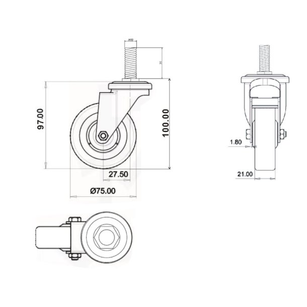 Inventarhjul "Csar" 75mm - M10x30mm - uden Bremse