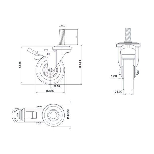 Inventarhjul "Csar" 75mm - M10x30mm - med Bremse