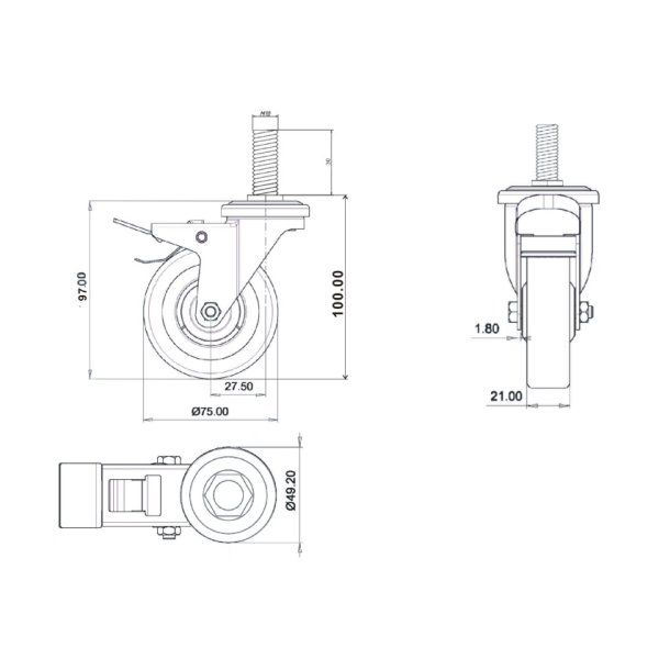 Inventarhjul "Csar" 75mm - M10x30mm - fuld Bremse