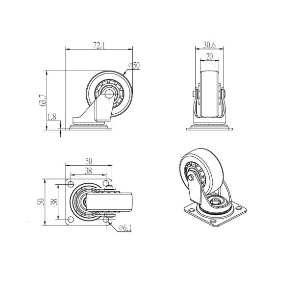 Mbelhjul "Verus" 50mm - Blt Transparent Hjul