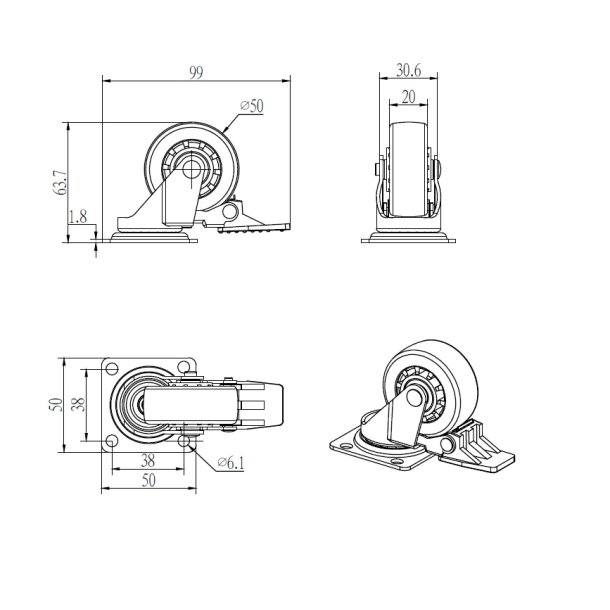 M�belhjul "Verus" �50mm - Klar Transparent Hjul-med Bremse