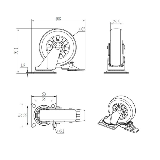 Mbelhjul "Verus" 75mm - Grt Transparent Hjul-med Bremse